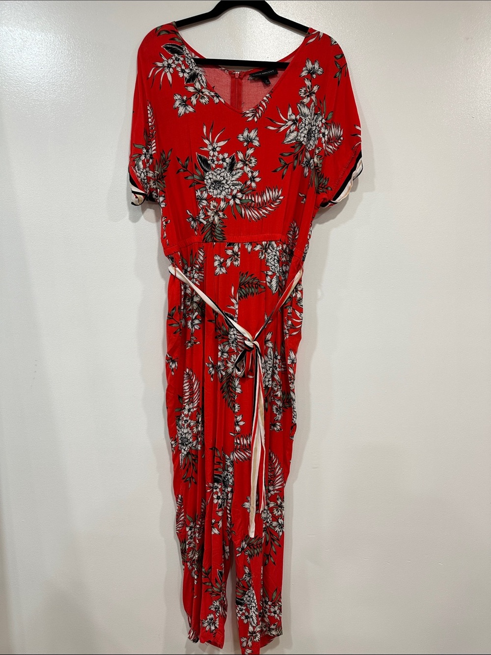 Red Floral V-Neck Jumpsuit with Waist Tie